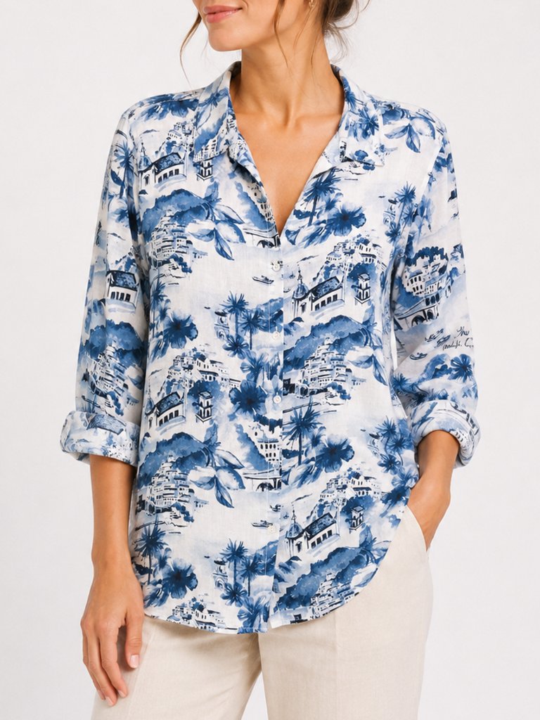 Cynthia Rowley Linen Shirt M Blue White Amalfi Coast Scenic Print Button Up